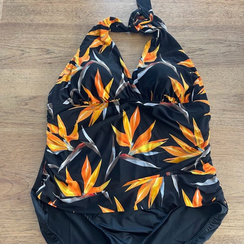 Magicsuit Black Floral SIZE 24W Halter Tie Low Back One Piece Swimsuit NWT E